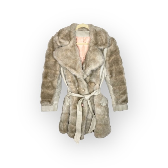 Vintage Jackets & Blazers - Vintage: Leather + Faux Fur Blonde Mink Blazer Jacket Overcoat ♥︎ Ivory Sm Med